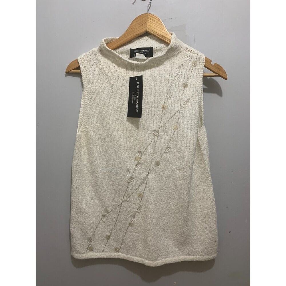 Colette Mordo White Sleeveless Knit Top With Embroidered Vine Design Size M